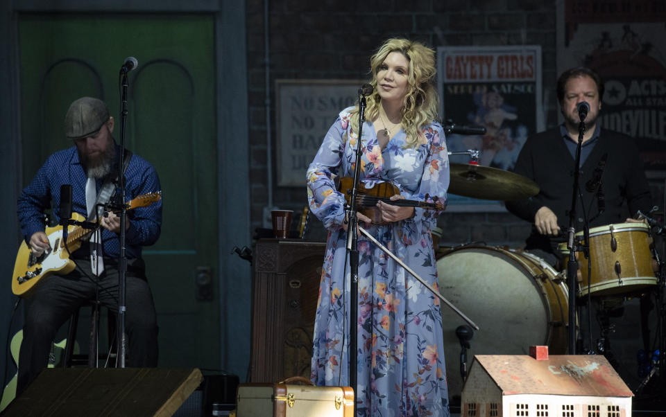 FILE - In this Saturday, June 22, 2019 file photo, Alison Krauss performs at the Outlaw Music Festival at KeyBank Pavilion in Burgettstown, Pa., a suburb of Pittsburgh. Krauss will be inducted into the Bluegrass Music Hall of Fame in September 2021, in recognition of her career as one of the genre's most acclaimed and widely known stars. (Jessie Wardarski/Pittsburgh Post-Gazette via AP)