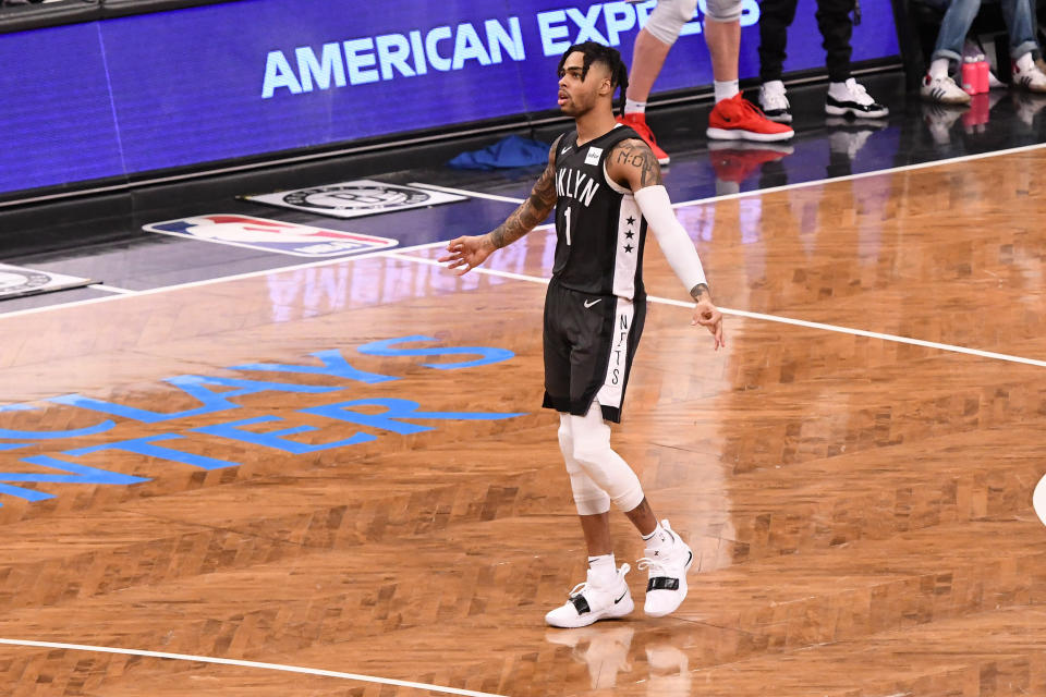 NEW YORK, NY - APRIL 20: D'Angelo Russell #1 of the Brooklyn Nets celebrates during the game against the Philadelphia 76ers on Game Four of Round One of the 2019 NBA Playoffs at Barclays Center on April 20, 2019 in the Brooklyn borough of New York City. NOTE TO USER: User expressly acknowledges and agrees that, by downloading and or using this photograph, User is consenting to the terms and conditions of the Getty Images License Agreement. (Photo by Matteo Marchi/Getty Images)