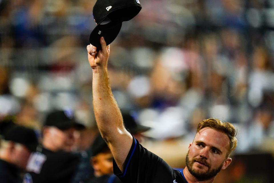 New York Mets' Pete Alonso gestures to fans during a curtain call after hitting a grand slam during the sixth inning of a baseball game against the Miami Marlins Friday, June 17, 2022, in New York.