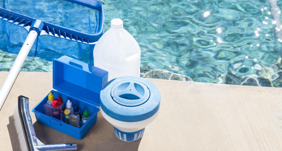 Equipment for testing the quality of pool water and cleaning a pool. Source: Getty Images 