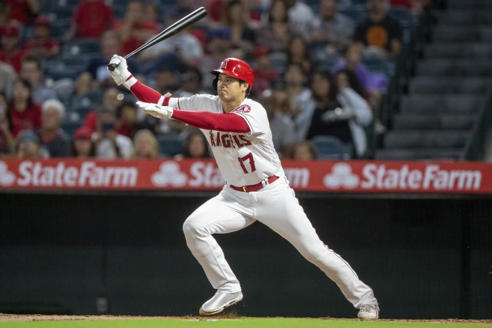 Los Angeles Angels designated hitter Shohei Ohtani grounds out to Oakland Athletics shortstop Nick Allen during the first inning of a baseball game in Anaheim, Calif., Wednesday, Sept. 28, 2022. (AP Photo/Alex Gallardo)