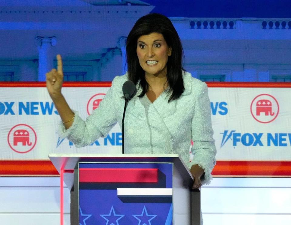 Republican presidential candidate former former U.N. Ambassador Nikki Haley speaks at Fiserv Forum during the first 2023 Republican presidential debate in Milwaukee on Wednesday, Aug. 23, 2023. Mike De Sisti/USA TODAY NETWORK