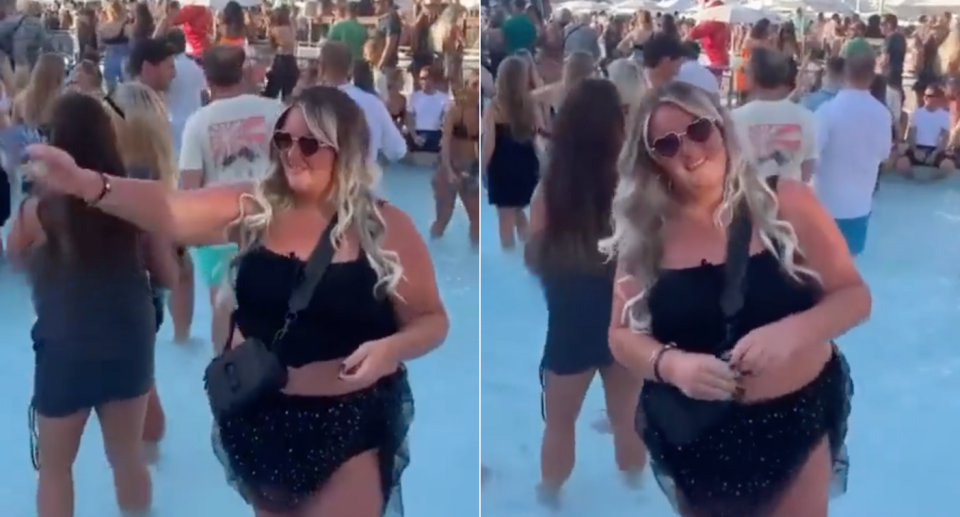 Woman sprinkling ashes in Ibiza club pool packed with people