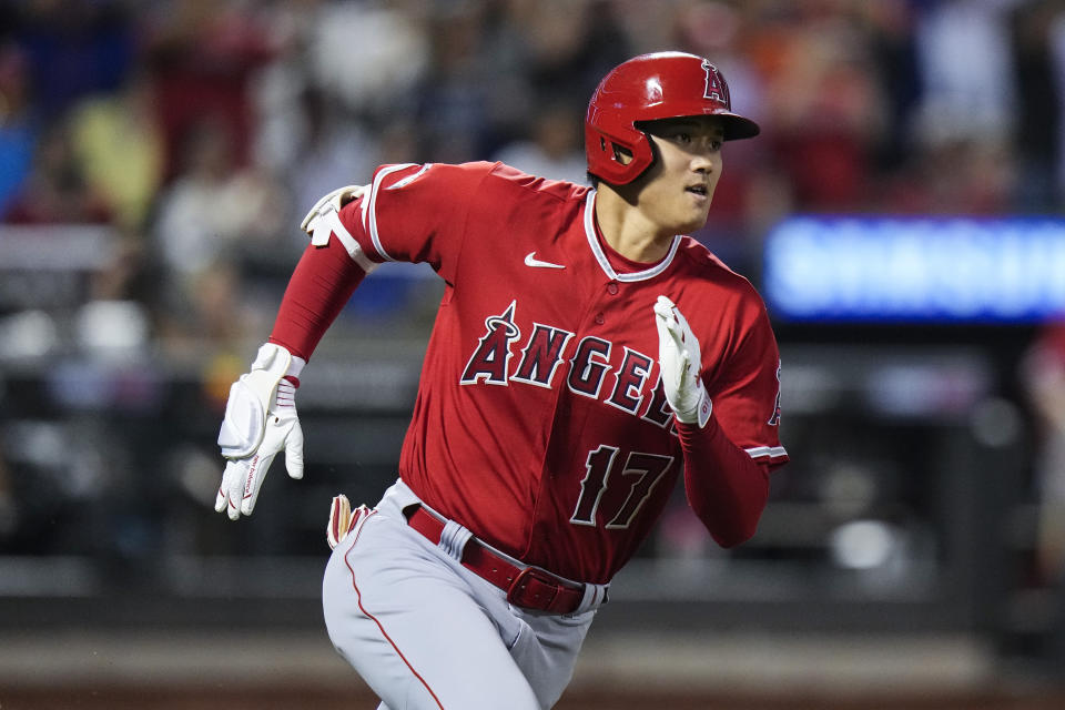 Los Angeles Angels' Shohei Ohtani, of Japan, runs for a double during the third inning of the team's baseball game against the New York Mets, Friday, Aug. 25, 2023, in New York. (AP Photo/Frank Franklin II)