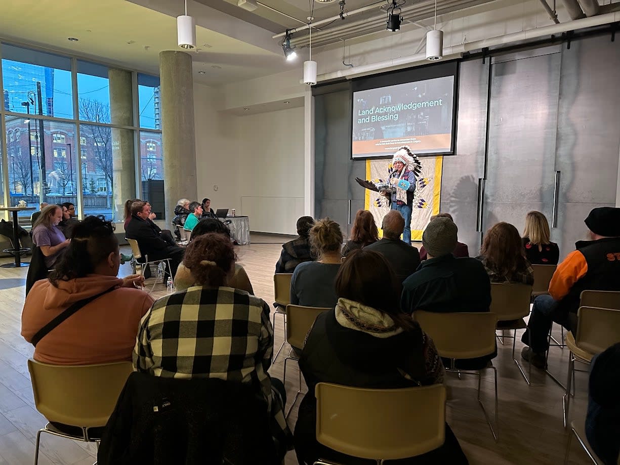 Dozens of people turned out Thursday night for the Longest Night of the Year memorial for lives lost in Calgary to homelessness. It was held this year at the Community Living Room at Decidedly Jazz Dance Studio on 12th Avenue southeast.  (Taylor Braat/CBC - image credit)