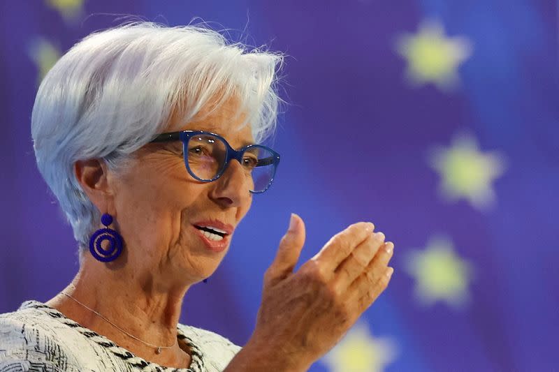 FILE PHOTO: ECB President Lagarde speaks to reporters following the Governing Council's monetary policy meeting, in Frankfurt