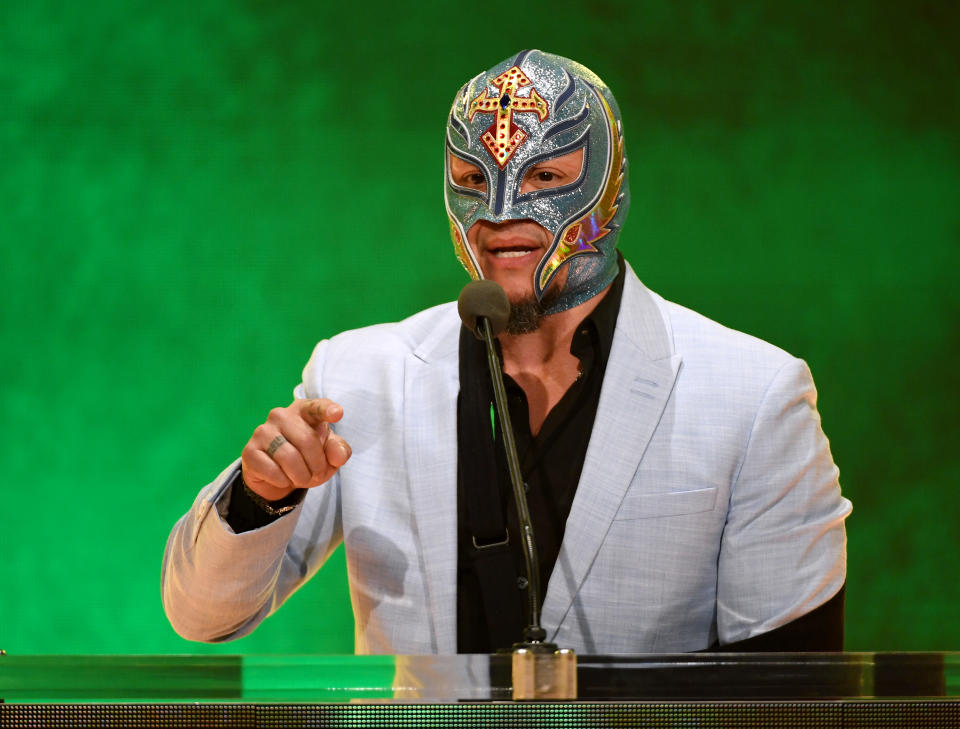 LAS VEGAS, NEVADA - OCTOBER 11:  WWE wrestler Rey Mysterio speaks at a WWE news conference at T-Mobile Arena on October 11, 2019 in Las Vegas, Nevada. It was announced that WWE wrestler Braun Strowman will face heavyweight boxer Tyson Fury and WWE champion Brock Lesnar will take on former UFC heavyweight champion Cain Velasquez at the WWE's Crown Jewel event at Fahd International Stadium in Riyadh, Saudi Arabia on October 31.  (Photo by Ethan Miller/Getty Images)