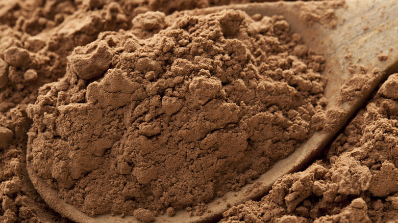 Cocoa powder in wooden spoon
