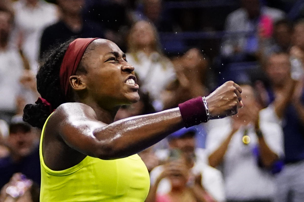 Coco Gauff celebrates her semifinals win. (Frank Franklin II/AP)