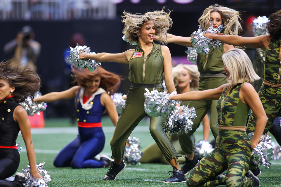 Nov 5, 2023; Atlanta, Georgia, USA; An Atlanta Falcons cheerleader performs against the Minnesota Vikings in the second half at Mercedes-Benz Stadium. Mandatory Credit: Brett Davis-USA TODAY Sports