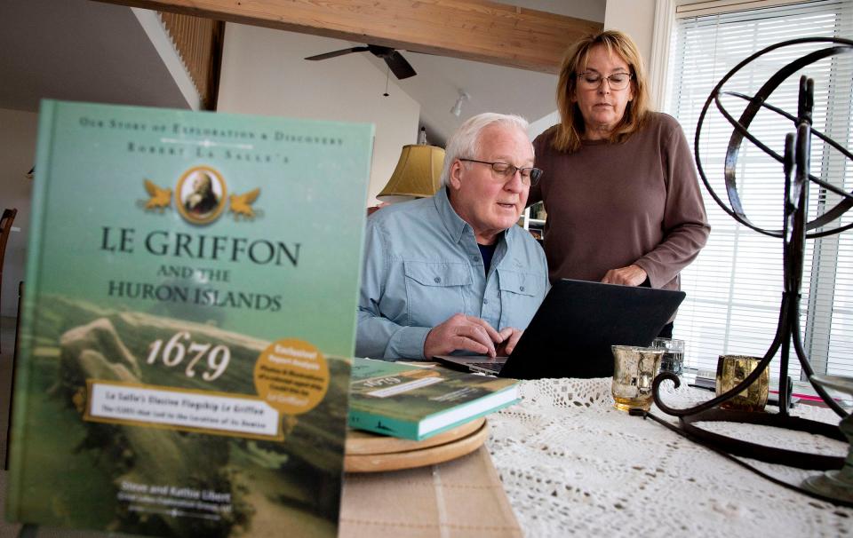 Steve and Kathie Libert work in the shadow of their book about the famous ship, the Griffon, in their Charlevoix home as Steve prepares for an upcoming presentation about the famous shipwreck. The Liberts have spent the last 40 years working to solve the mystery of the Griffon, which was the first full-size ship ever to sail the Great Lakes above Niagara Falls. Steve plans to speak about their quest on May 12 at the Rochester Hills Public Library.