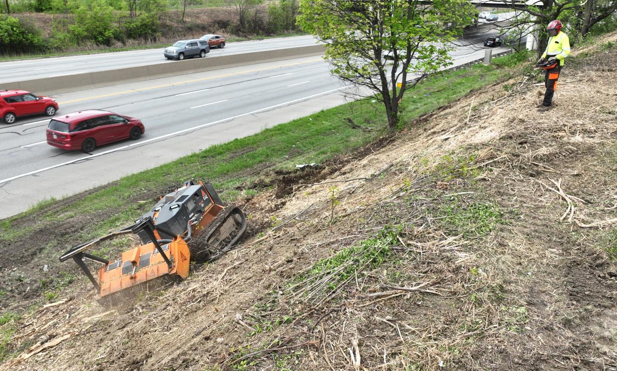 Jared Danison of Russell Tree Experts uses his remote-controlled mower to cut honeysuckle bushes and other junk trees from the I-71 interchange at Hudson Street. Since the beginning of March, ODOT-hired contractors have been out clearing trees, honeysuckle and any other plants that might fall onto or impact the state's highways.