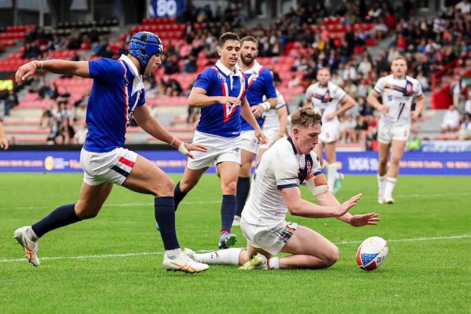 Matty Nicholson scores his first England try during the win over France <i>(Image: SWPix.com)</i>