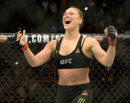 Ronda Rousey reacts after defeating Cat Zingano in February. (USA TODAY Sports)