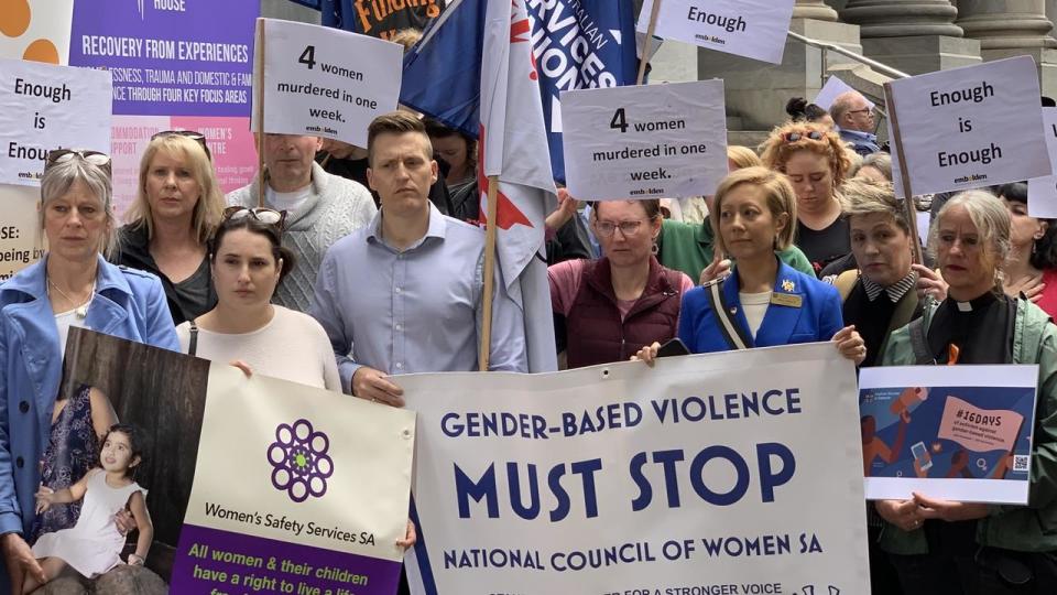 Hundreds gathered for a rally against domestic violence at South Australian parliament. Picture: Duncan Evans