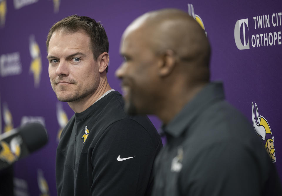 Minnesota Vikings head coach Kevin O'Connell, left, introduces new defensive coordinator Brian Flores during an NFL football news conference, Wednesday, Fe. 15, 2023, inEagan, Minn. (Elizabeth Flores/Star Tribune via AP)