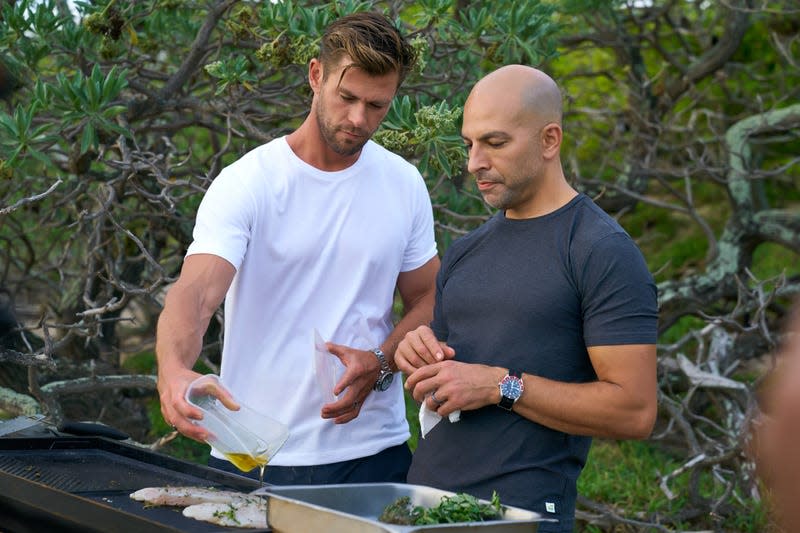 Chris Hemsworth and longevity expert Dr. Peter Attia prepare a meager meal in the “Fasting” episode.