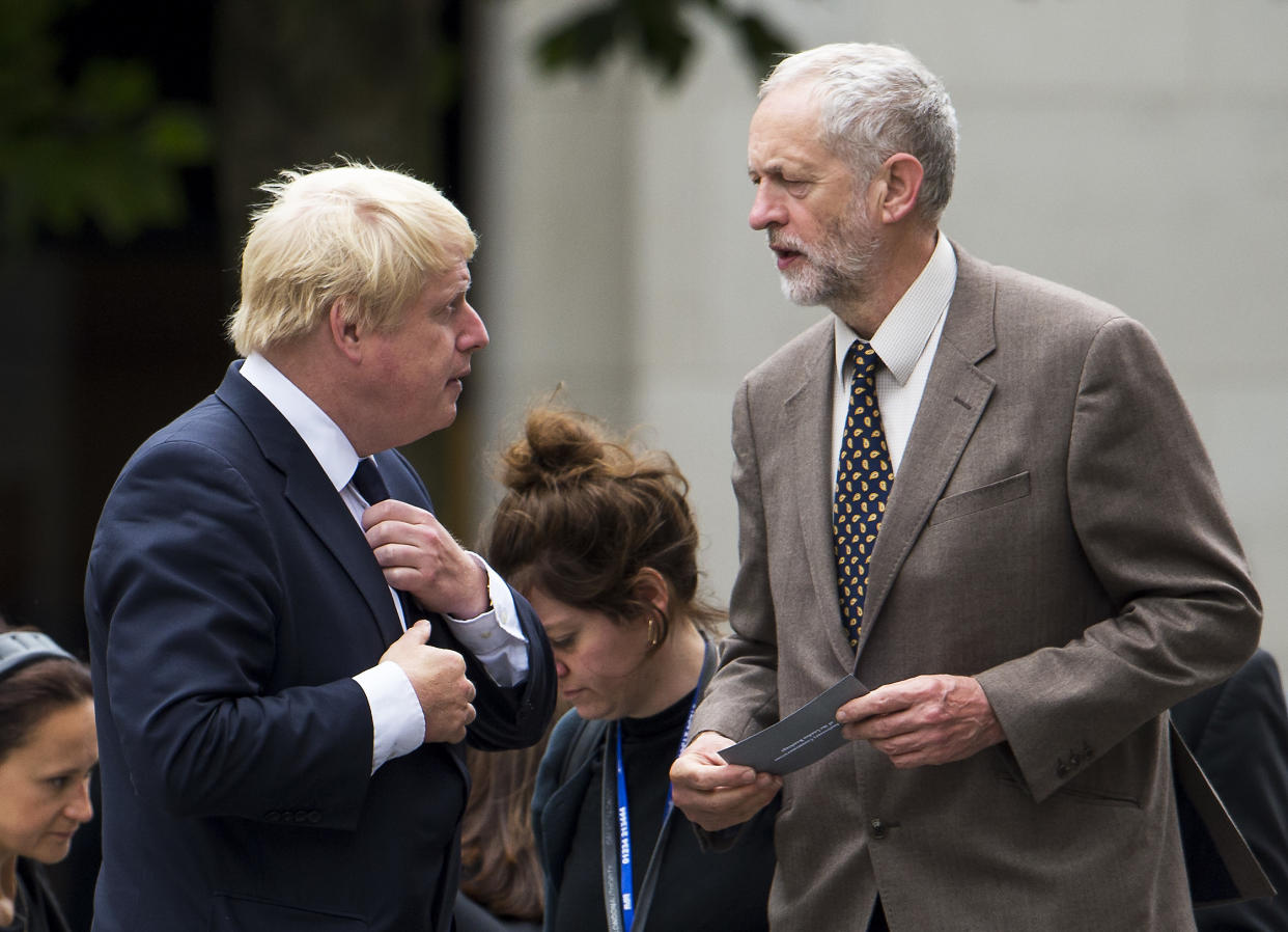 07/07/2015. London, UK. London Mayor BORIS JOHNSON and Labour MP JEREMY CORBYN. A church service held at St Paul's Cathedral In London on the 10th anniversary of the 7/7 bombings in London which killed 52 civilians and injured over 700 more. Photo credit: Ben Cawthra *** Please Use Credit from Credit Field ***