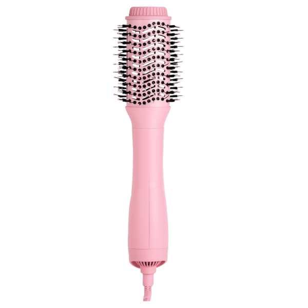 a pink Mermade Hair Blowdry Brush with black bristles on a white background.