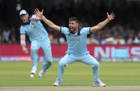 Mark Wood appeals successfully for the wicket of New Zealand's Ross Taylor. (AP Photo/Aijaz Rahi)