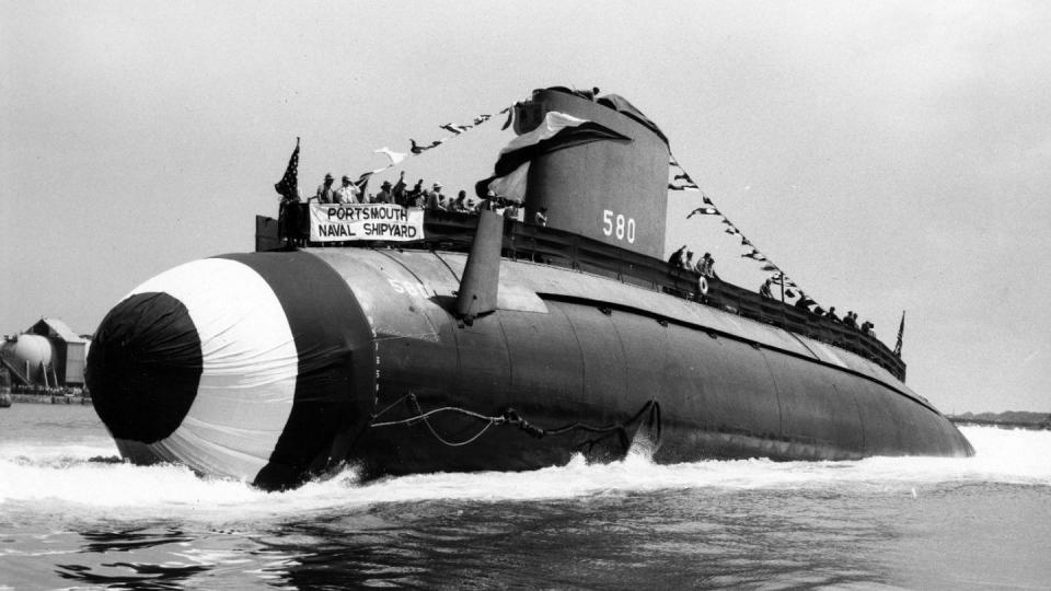 Launch of Barbel (SS-580). (Naval History and Heritage Command, Donor: Mrs. Bernard L. Austin)