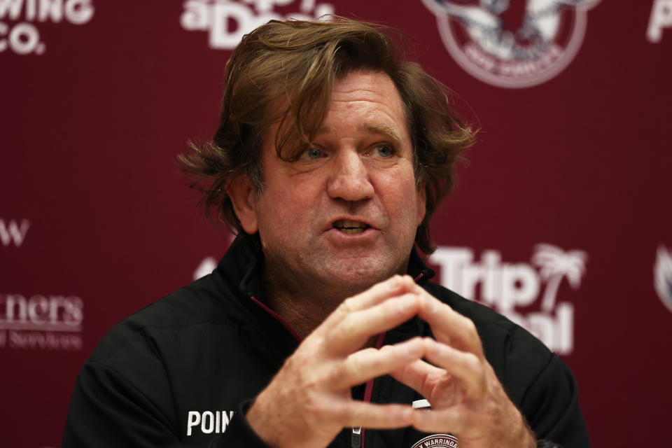 Des Hasler, pictured here speaking to the media at a Manly Sea Eagles press conference.