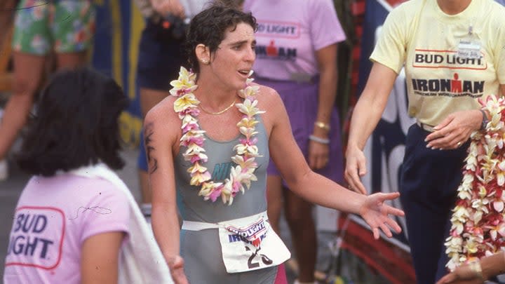 Newby-Fraser broke the tape at the finish line despite knowing that she was second on the road. She was confused at the finish and had to be told that Patricia Puntous was disqualified. Photo: Lois Schwartz