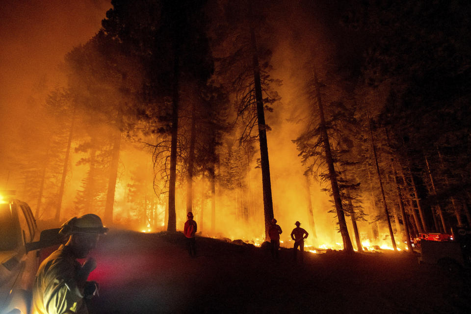 Firefighters monitor a firing operation, where crews set ground fire to stop a wildfire from spreading, while battling the Dixie Fire in Lassen National Forest, Calif., on Monday, July 26, 2021. (AP Photo/Noah Berger)