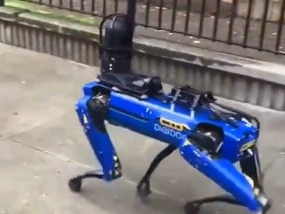 <p>A video of one of the uncanny creatures went viral this week on Twitter, with the robot dog unit ‘Digidog’ seen prowling past the crowd across a pavement</p> (Twitter)