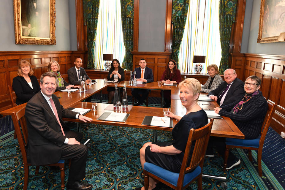 The Independent Group’s first meeting at One Great George Street in London – clockwise from left: Chris Leslie , Joan Ryan, Sarah Wollaston, Chuka Umunna, Heidi Allen, Gavin Shuker, Luciana Berger, Anna Soubry, Mike Gapes, Ann Coffey and Angela Smith (Picture: PA)