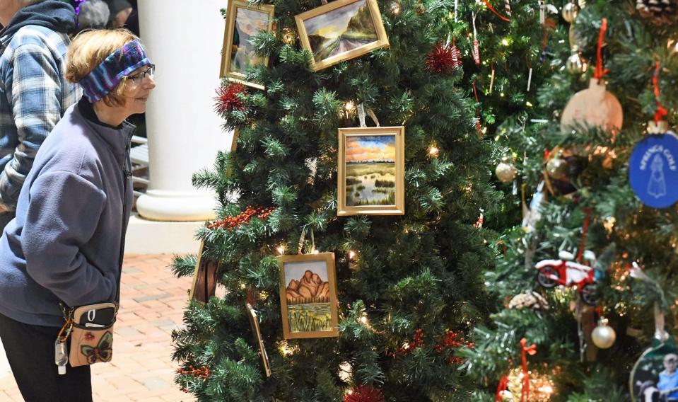 Gale Terrill looks at the Christmas trees at the Holidays at the Garden event at Daniel Stowe Botanical Gardens.