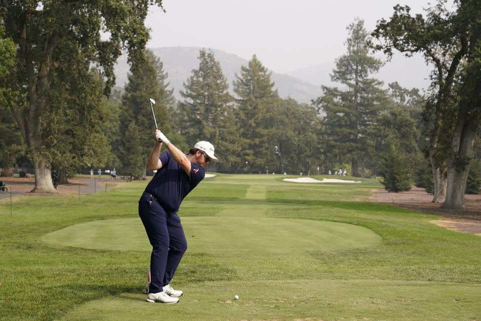 Harry Higgs hits from the seventh tee of the Silverado Resort North Course during the final round of the Safeway Open PGA golf tournament Sunday, Sept. 13, 2020, in Napa, Calif. (AP Photo/Eric Risberg)