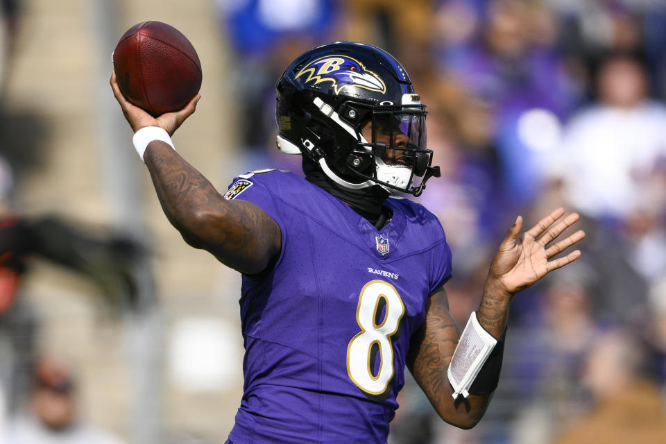 Baltimore Ravens quarterback Lamar Jackson passes against the Cleveland Browns during the first half on an NFL football game Sunday, Nov. 12, 2023, in Baltimore. (AP Photo/Nick Wass)