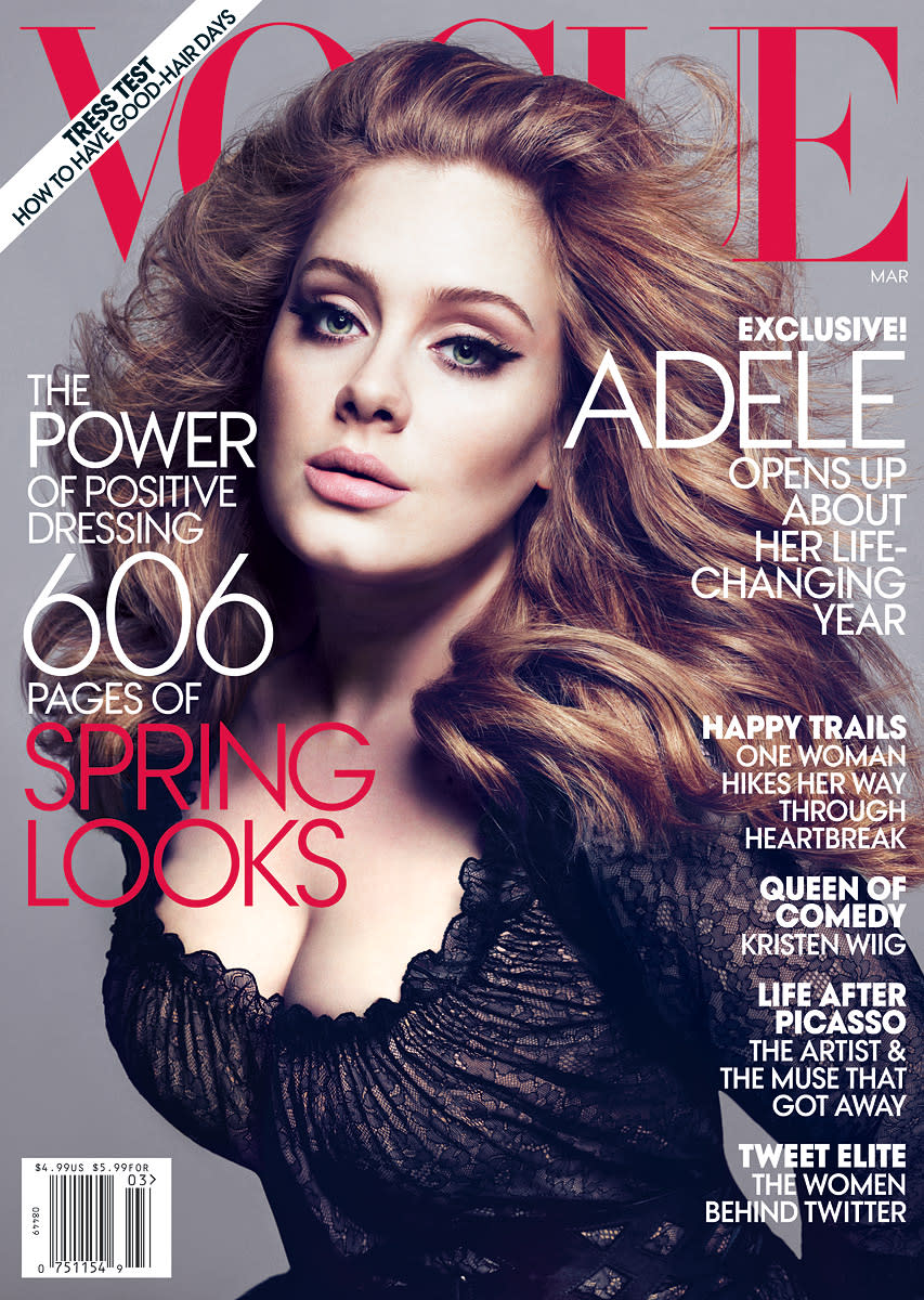 A day after winning a whopping six Grammys for her hit album "21," Adele's gorgeous photo spread for Vogue was released. The singer graces the cover of the mag's March 2012 issue. Click through to see more of Adele's beautiful Vogue photos. (Mert Alas and Marcus Piggott/Vogue)