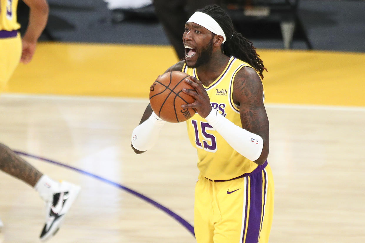 LOS ANGELES, CALIFORNIA - FEBRUARY 20: Montrezl Harrell #15 of the Los Angeles Lakers handles the ball during the game against the Miami Heat at Staples Center on February 20, 2021 in Los Angeles, California. NOTE TO USER: User expressly acknowledges and agrees that, by downloading and or using this photograph, User is consenting to the terms and conditions of the Getty Images License Agreement. (Photo by Meg Oliphant/Getty Images)