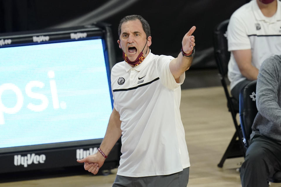 Iowa State head coach Steve Prohm reacts to a call against his team during the second half of an NCAA college basketball game against Kansas, Saturday, Feb. 13, 2021, in Ames, Iowa. Kansas won 64-50. (AP Photo/Charlie Neibergall)