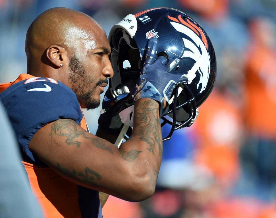 Denver Broncos cornerback Aqib Talib prior to a game against the New York Jets on December 10, 2017 in Denver. / Credit: John Leyba/The Denver Post via Getty Images