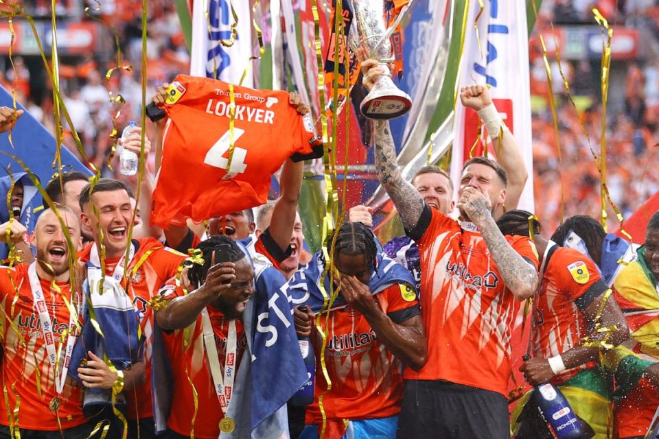 Euphoria: Luton were promoted to the Premier League for the first time at Wembley  (Getty Images)