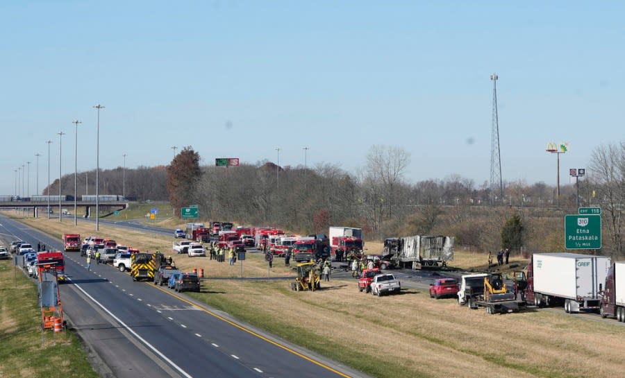 Both directions of Interstate 70 are closed in Licking County, Ohio, near the State Route 310 interchange after a fatal accident on Tuesday, Nov. 14, 2023. A charter bus carrying students from a high school was rear-ended by a semi-truck on the Ohio highway. (Barbara Perenic /The Columbus Dispatch via AP)