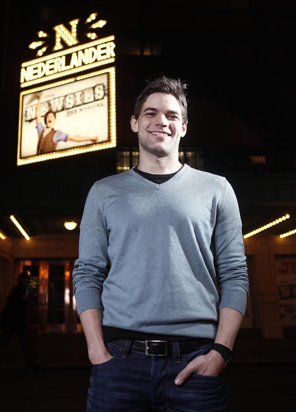 In this Feb. 21, 2012 photo, actor Jeremy Jordan poses for a portrait in New York. Jordan stars in the Broadway musical "Newsies," opening March 29. (AP Photo/Carlo Allegri)