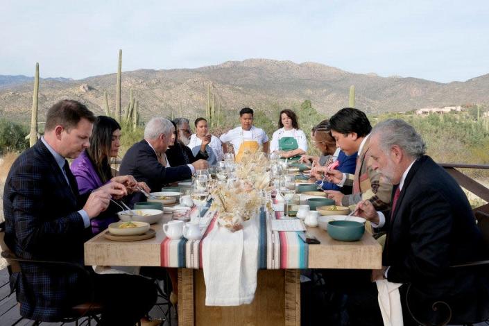 The final three chefs, Evelyn Garcia, center left, Buddha Lo and Sarah Welch, present their dishes in the &quot;Top Chef&quot; Season 19 finale.