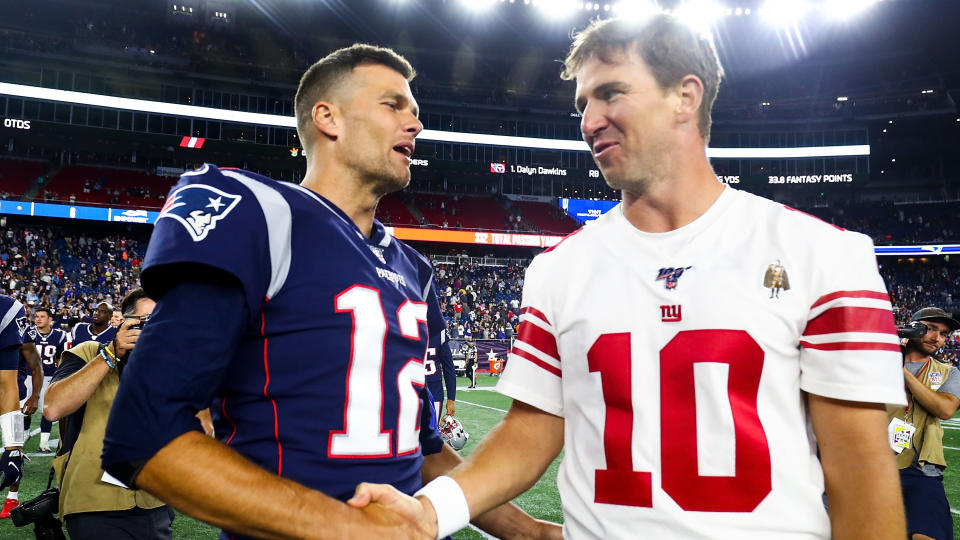 New England Patriots quarterback Tom Brady had nothing but praise for Eli Manning, who defeated him in the Super Bowl twice. (Adam Glanzman/Getty Images)