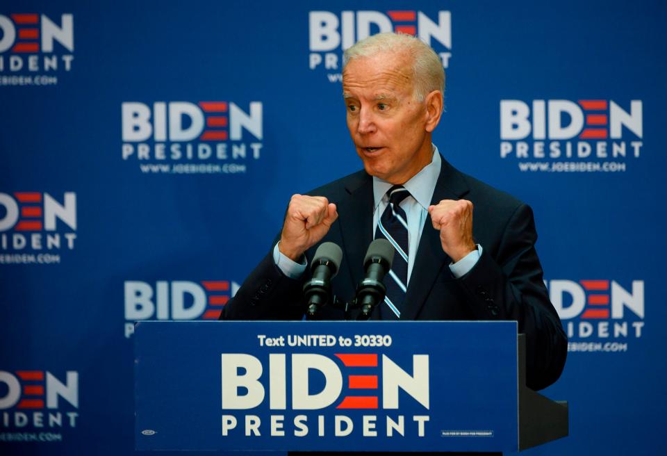 Former US Vice President Joe Biden, the leading Democratic 2020 presidential candidate, gestures July 11, 2019, as he delivers a speech about his foreign policy vision for America at the Graduate Center at City University of New York.