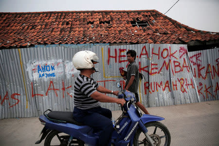 A man holds a chicken as he walks past a fence with graffiti referring to Jakarta Governor Basuki Tjahaja Purnama by his nickname, at Luar Batang district in Jakarta, Indonesia, November 11, 2016. REUTERS/Beawiharta