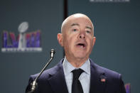 Homeland Security Secretary Alejandro Mayorkas speaks during a news conference about security for NFL's Super Bowl 58 football game, in Las Vegas, Wednesday, Feb. 7, 2024. (AP Photo/Alex Brandon)