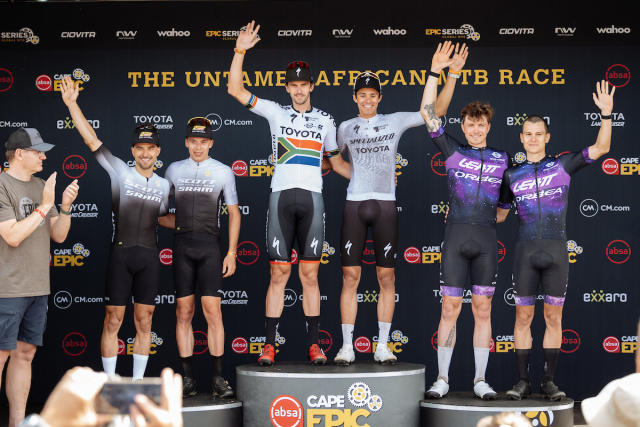 Mens Podium L-R, Teams SCOTT-SRAM MTB Racing,  Toyota-Specialized-NinetyOne,  ORBEA x Leatt x Speed Company during the Prologue of the 2023 Absa Cape Epic Mountain Bike stage race held at Meerendal Wine Estate, Durbanville, Cape Town, South Africa on the 19th March 2023