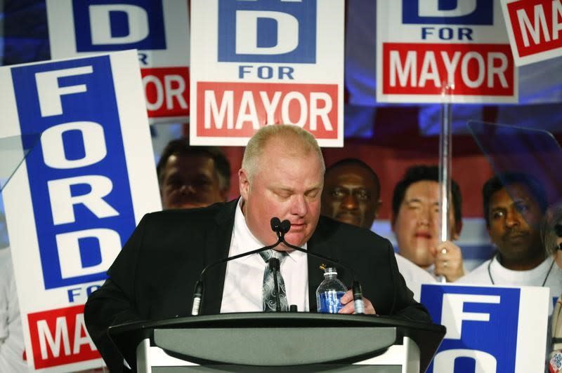 April 17, 2014: Toronto’s controversial Mayor Rob Ford threw a large party — complete with recorded music and a live band — for the official launch of his mayoral re-election campaign.