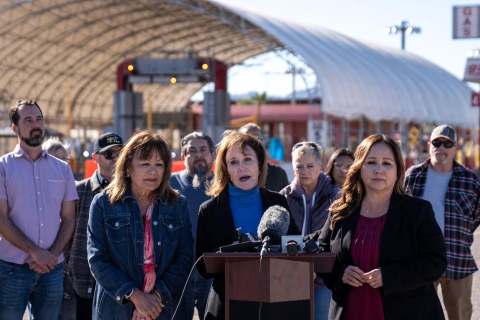 Pima County District 3 Supervisor Sylvia M. Lee, left, Pima County Administrator Jan Lesher, center, and Pima County District 5 Supervisor Adelita S. Grijalva, right, attend a press conference at the Lukeville Port of Entry in Lukeville, Ariz., on January 4, 2024.