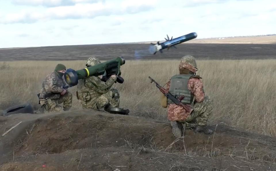 In this image taken from footage provided by the Ukrainian Defense Ministry Press Service, a Ukrainian soldiers use a launcher with US Javelin missiles during military exercises in Donetsk region, Ukraine, Wednesday, Jan. 12, 2022. The Russian invasion of Ukraine is the largest conflict that Europe has seen since World War II, with Russia conducting a multi-pronged offensive across the country. The Russian military has pummeled wide areas in Ukraine with air strikes and has conducted massive rocket and artillery bombardment resulting in massive casualties.