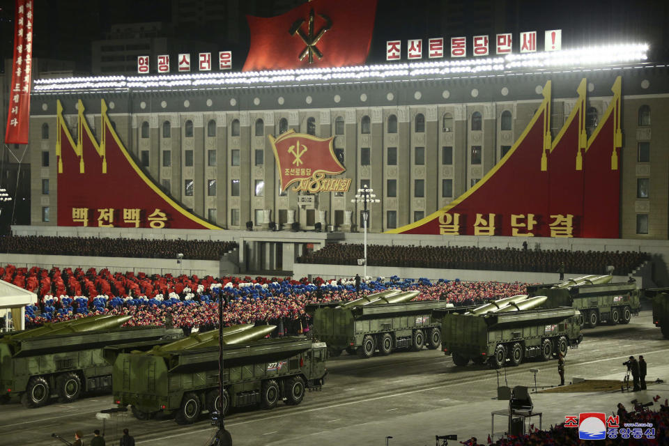 This photo provided by the North Korean government shows a military parade marking the ruling party congress, at Kim Il Sung Square in Pyongyang, North Korea Thursday, Jan. 14, 2021. North Korea rolled out developmental ballistic missiles designed to be launched from submarines and other military hardware in a parade that punctuated leader Kim Jong Un’s defiant calls to expand his nuclear weapons program. Independent journalists were not given access to cover the event depicted in this image distributed by the North Korean government. The content of this image is as provided and cannot be independently verified. Korean language watermark on image as provided by source reads: "KCNA" which is the abbreviation for Korean Central News Agency. (Korean Central News Agency/Korea News Service via AP)